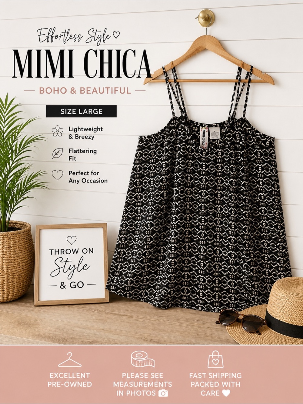 ✨ Mimi Chica Black & White Geometric Strappy Tank Top Size Large
